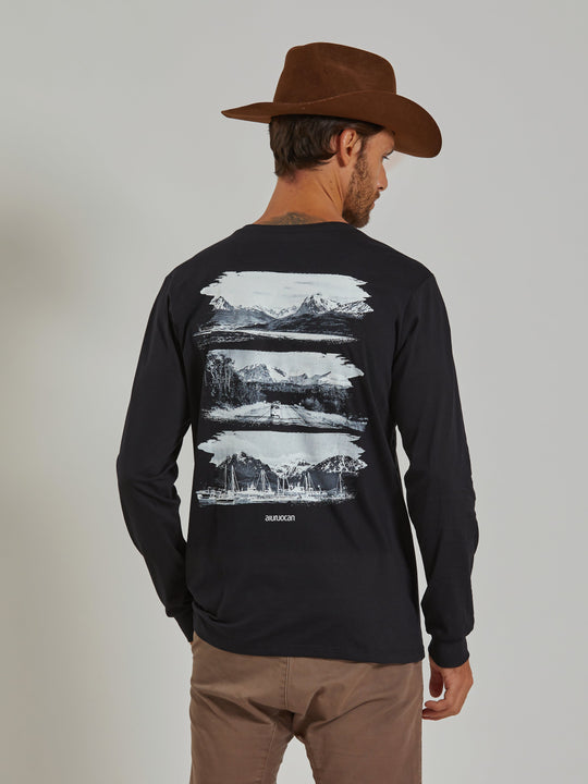 Tierra del Fuego Long Sleeve Men's Black T-Shirt Aiuruocan